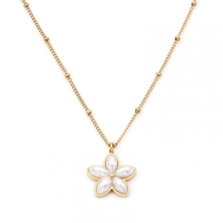 Picture of Wholesale Flower White Imitation Pearl Pendant Charm Necklace, 18K Gold Plated 304 Stainless Steel Curb Link Chain, Women's Eco-friendly PVD Vacuum Plating Stylish Dainty Gift Jewelry For Retailer, 40cm(15.7") long, 1 Piece