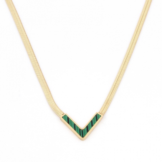 Picture of 304 Stainless Steel Stylish Link Chain Necklace 18K Gold Color Green V Shape 42cm(16 4/8") long, 1 Piece