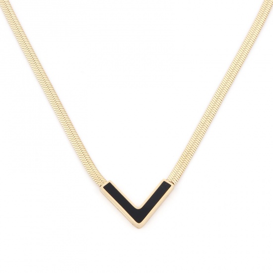 Picture of 304 Stainless Steel Stylish Link Chain Necklace 18K Gold Color Black V Shape 42cm(16 4/8") long, 1 Piece