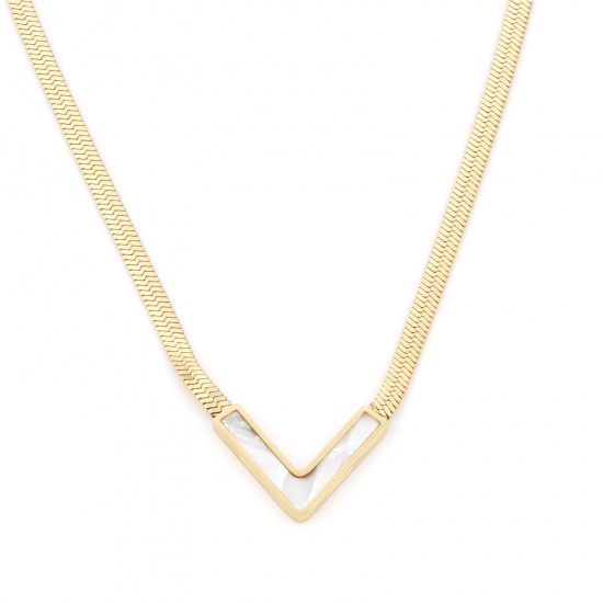 Picture of 304 Stainless Steel Stylish Link Chain Necklace 18K Gold Color White V Shape 42cm(16 4/8") long, 1 Piece