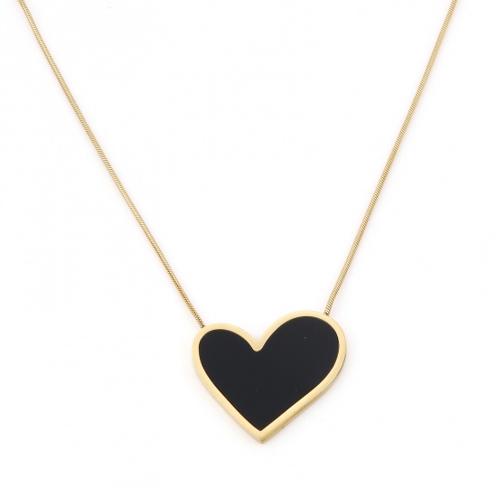 Picture of 304 Stainless Steel Valentine's Day Snake Chain Necklace 18K Gold Color Black Heart 41.5cm(16 3/8") long, 1 Piece