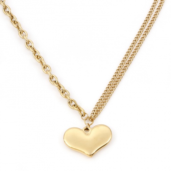Picture of 304 Stainless Steel Valentine's Day Link Chain Necklace 18K Gold Color Heart 48cm(18 7/8") long, 1 Piece