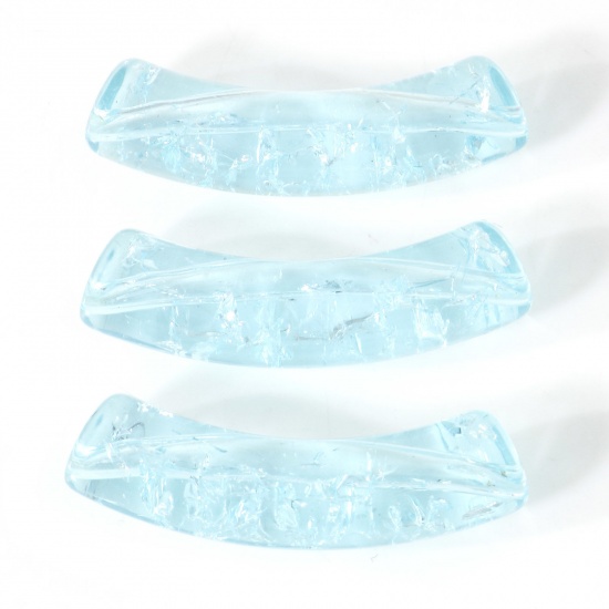 Picture of Acrylic Beads For DIY Charm Jewelry Making Light Blue Curved Tube Arc Crackle About 3.3cm x 0.8cm, Hole: Approx 1.4mm, 20 PCs