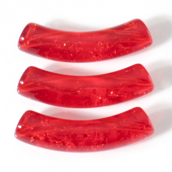 Picture of Acrylic Beads For DIY Charm Jewelry Making Red Curved Tube Arc Crackle About 3.3cm x 0.8cm, Hole: Approx 1.4mm, 20 PCs
