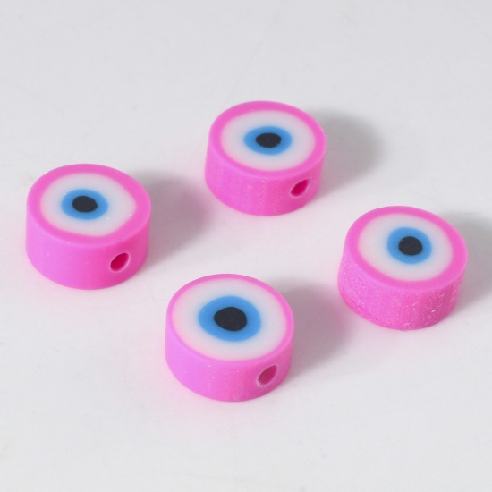 Picture of Polymer Clay Religious Beads Round Fuchsia Evil Eye Pattern About 10mm Dia, Hole: Approx 1.8mm, 100 PCs