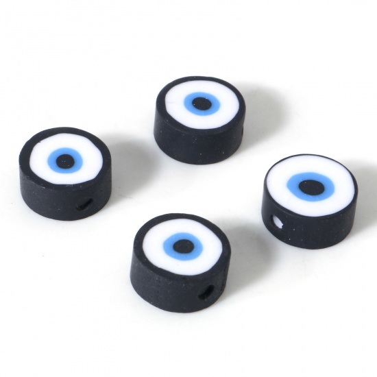 Picture of Polymer Clay Religious Beads Round Black Evil Eye Pattern About 10mm Dia, Hole: Approx 1.8mm, 100 PCs