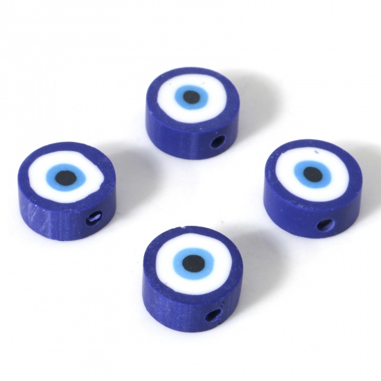 Picture of Polymer Clay Religious Beads Round Dark Blue Evil Eye Pattern About 10mm Dia, Hole: Approx 1.8mm, 100 PCs
