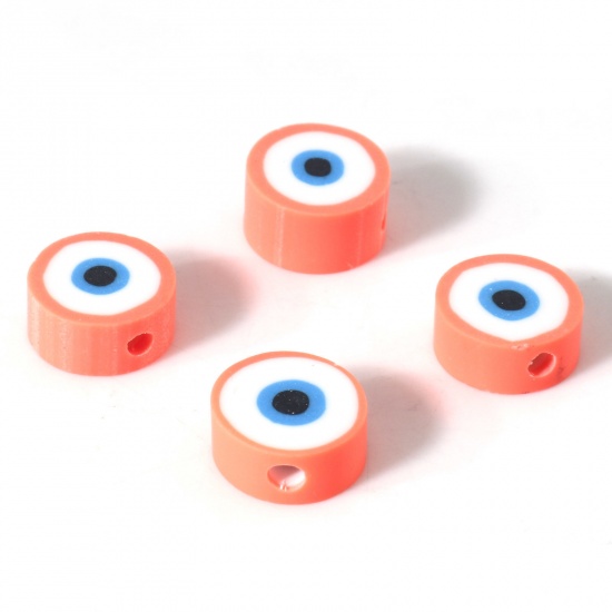 Picture of Polymer Clay Religious Beads Round Orange Evil Eye Pattern About 10mm Dia, Hole: Approx 1.8mm, 100 PCs