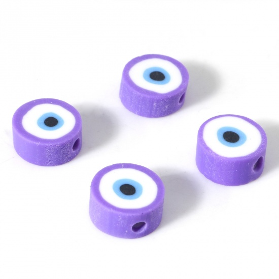 Picture of Polymer Clay Religious Beads Round Purple Evil Eye Pattern About 10mm Dia, Hole: Approx 1.8mm, 100 PCs
