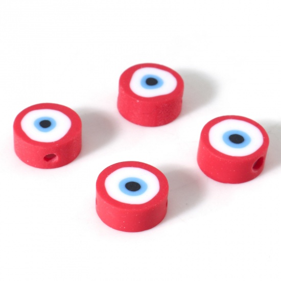 Picture of Polymer Clay Religious Beads Round Red Evil Eye Pattern About 10mm Dia, Hole: Approx 1.8mm, 100 PCs