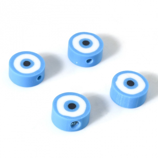 Picture of Polymer Clay Religious Beads Round Blue Evil Eye Pattern About 10mm Dia, Hole: Approx 1.8mm, 100 PCs