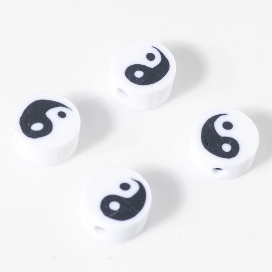 Picture of Polymer Clay Religious Beads Round White Yin Yang Symbol Pattern About 9.5mm Dia, Hole: Approx 1.8mm, 100 PCs