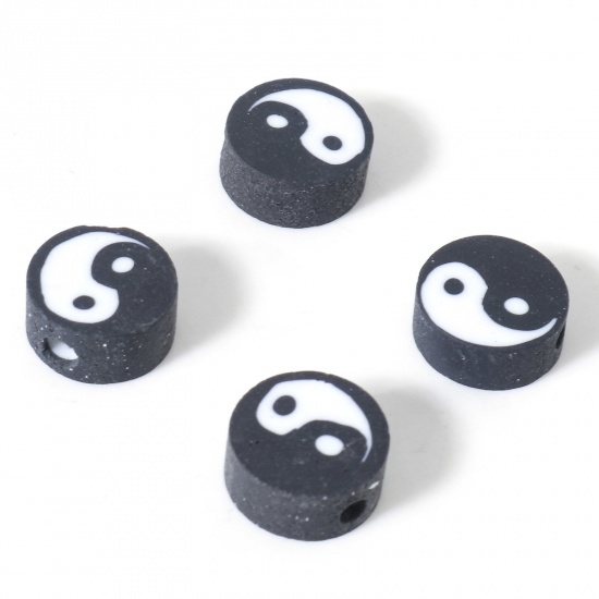 Picture of Polymer Clay Religious Beads Round Black Yin Yang Symbol Pattern About 9.5mm Dia, Hole: Approx 1.8mm, 100 PCs