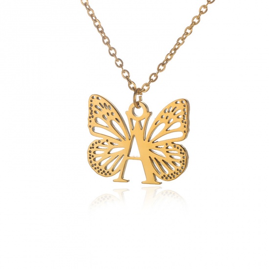 Picture of 304 Stainless Steel Stylish Link Cable Chain Necklace 18K Gold Color Butterfly Animal Initial Alphabet/ Capital Letter Message " A " Hollow 38cm(15") long, 1 Piece