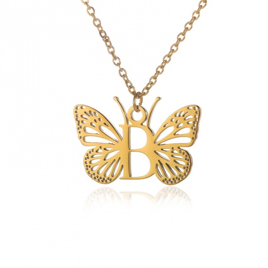 Picture of 304 Stainless Steel Stylish Link Cable Chain Necklace 18K Gold Color Butterfly Animal Initial Alphabet/ Capital Letter Message " B " Hollow 38cm(15") long, 1 Piece