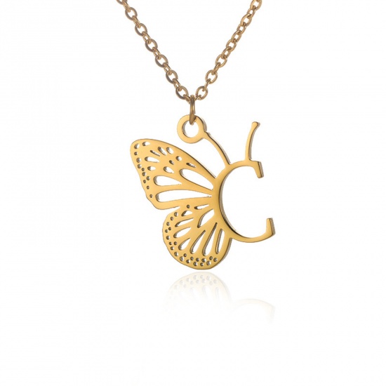 Picture of 304 Stainless Steel Stylish Link Cable Chain Necklace 18K Gold Color Butterfly Animal Initial Alphabet/ Capital Letter Message " C " Hollow 38cm(15") long, 1 Piece