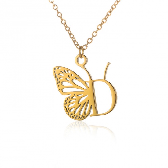 Picture of 304 Stainless Steel Stylish Link Cable Chain Necklace 18K Gold Color Butterfly Animal Initial Alphabet/ Capital Letter Message " D " Hollow 38cm(15") long, 1 Piece