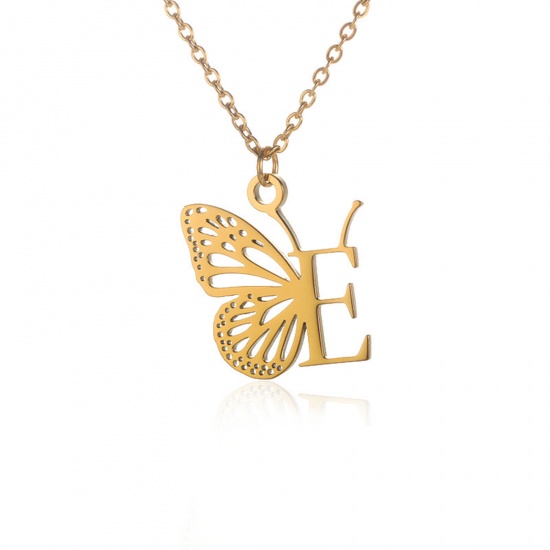 Picture of 304 Stainless Steel Stylish Link Cable Chain Necklace 18K Gold Color Butterfly Animal Initial Alphabet/ Capital Letter Message " E " Hollow 38cm(15") long, 1 Piece