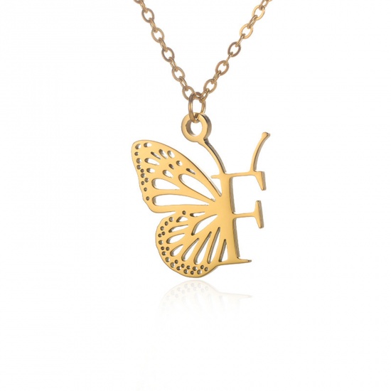 Picture of 304 Stainless Steel Stylish Link Cable Chain Necklace 18K Gold Color Butterfly Animal Initial Alphabet/ Capital Letter Message " F " Hollow 38cm(15") long, 1 Piece