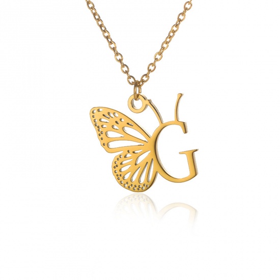 Picture of 304 Stainless Steel Stylish Link Cable Chain Necklace 18K Gold Color Butterfly Animal Initial Alphabet/ Capital Letter Message " G " Hollow 38cm(15") long, 1 Piece
