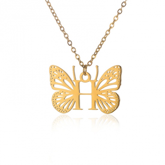 Picture of 304 Stainless Steel Stylish Link Cable Chain Necklace 18K Gold Color Butterfly Animal Initial Alphabet/ Capital Letter Message " H " Hollow 38cm(15") long, 1 Piece