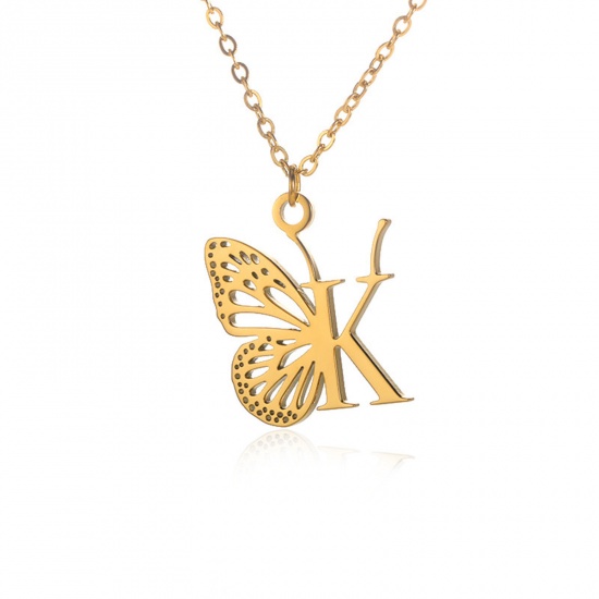 Picture of 304 Stainless Steel Stylish Link Cable Chain Necklace 18K Gold Color Butterfly Animal Initial Alphabet/ Capital Letter Message " K " Hollow 38cm(15") long, 1 Piece