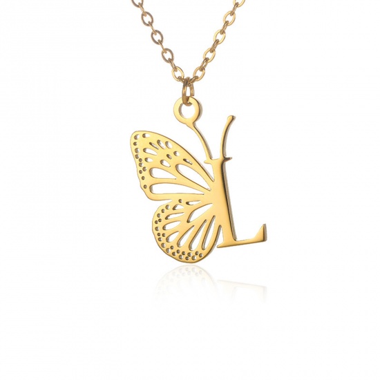 Picture of 304 Stainless Steel Stylish Link Cable Chain Necklace 18K Gold Color Butterfly Animal Initial Alphabet/ Capital Letter Message " L " Hollow 38cm(15") long, 1 Piece