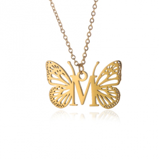 Picture of 304 Stainless Steel Stylish Link Cable Chain Necklace 18K Gold Color Butterfly Animal Initial Alphabet/ Capital Letter Message " M " Hollow 38cm(15") long, 1 Piece