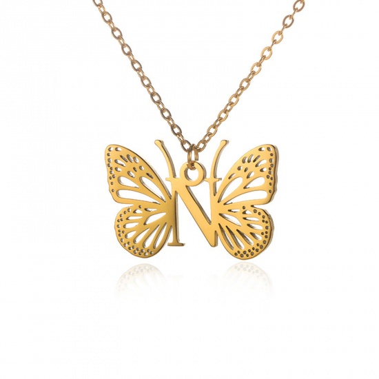 Picture of 304 Stainless Steel Stylish Link Cable Chain Necklace 18K Gold Color Butterfly Animal Initial Alphabet/ Capital Letter Message " N " Hollow 38cm(15") long, 1 Piece
