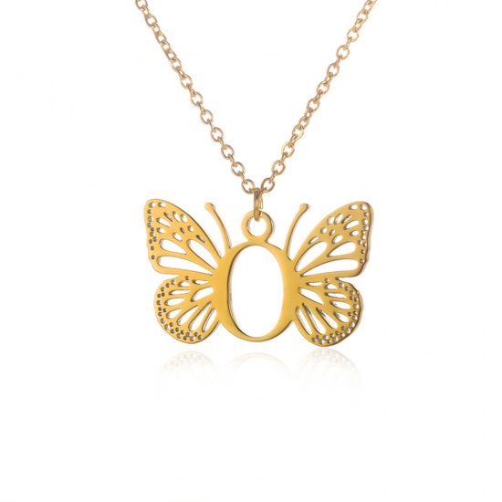 Picture of 304 Stainless Steel Stylish Link Cable Chain Necklace 18K Gold Color Butterfly Animal Initial Alphabet/ Capital Letter Message " O " Hollow 38cm(15") long, 1 Piece