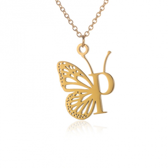 Picture of 304 Stainless Steel Stylish Link Cable Chain Necklace 18K Gold Color Butterfly Animal Initial Alphabet/ Capital Letter Message " P " Hollow 38cm(15") long, 1 Piece