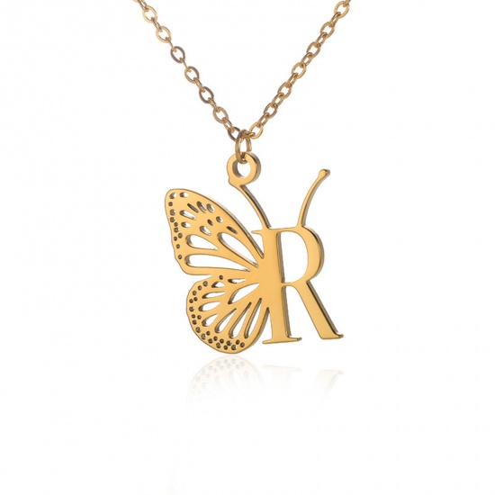 Picture of 304 Stainless Steel Stylish Link Cable Chain Necklace 18K Gold Color Butterfly Animal Initial Alphabet/ Capital Letter Message " R " Hollow 38cm(15") long, 1 Piece