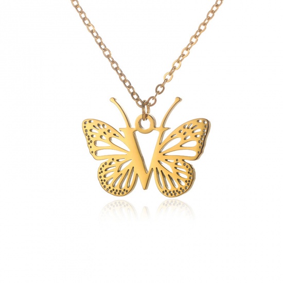 Picture of 304 Stainless Steel Stylish Link Cable Chain Necklace 18K Gold Color Butterfly Animal Initial Alphabet/ Capital Letter Message " V " Hollow 38cm(15") long, 1 Piece