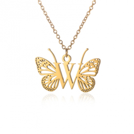 Picture of 304 Stainless Steel Stylish Link Cable Chain Necklace 18K Gold Color Butterfly Animal Initial Alphabet/ Capital Letter Message " W " Hollow 38cm(15") long, 1 Piece