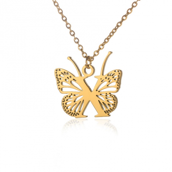 Picture of 304 Stainless Steel Stylish Link Cable Chain Necklace 18K Gold Color Butterfly Animal Initial Alphabet/ Capital Letter Message " X " Hollow 38cm(15") long, 1 Piece