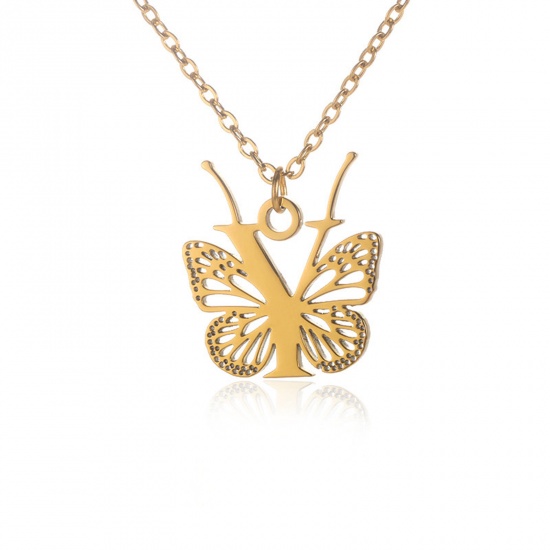 Picture of 304 Stainless Steel Stylish Link Cable Chain Necklace 18K Gold Color Butterfly Animal Initial Alphabet/ Capital Letter Message " Y " Hollow 38cm(15") long, 1 Piece