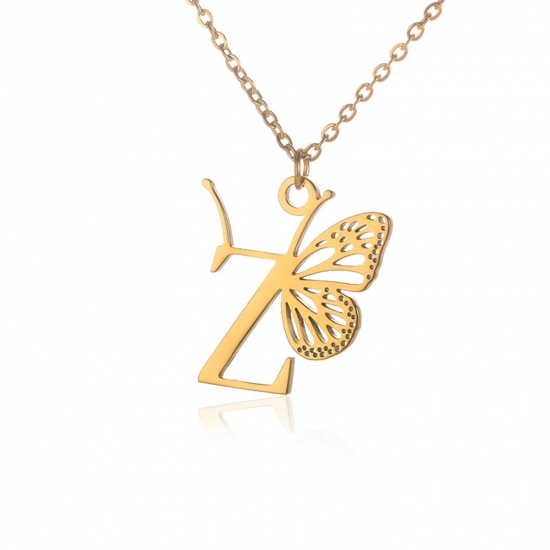 Picture of 304 Stainless Steel Stylish Link Cable Chain Necklace 18K Gold Color Butterfly Animal Initial Alphabet/ Capital Letter Message " Z " Hollow 38cm(15") long, 1 Piece