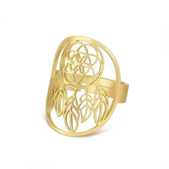 Imagen de 304 Acero Inoxidable Elegante Abierto Ajustable Anillos Chapado en Oro de 18K Capta Sueño 17.3mm (US size 7), 1 Unidad