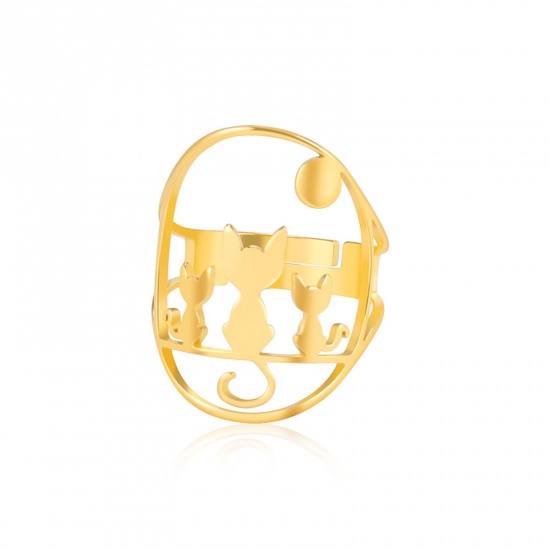 Picture of 304 Stainless Steel Stylish Open Adjustable Rings 18K Gold Color Cat 17.3mm(US Size 7), 1 Piece