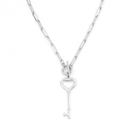 Picture of 304 Stainless Steel Stylish Paperclip Chain Necklace Silver Tone Heart Key 49.5cm(19 4/8") long, 1 Piece