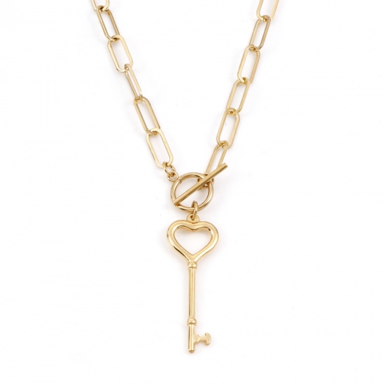 Picture of 1 Piece Vacuum Plating 304 Stainless Steel Stylish Paperclip Chain Necklace Gold Plated Heart Key 50cm(19 5/8") long