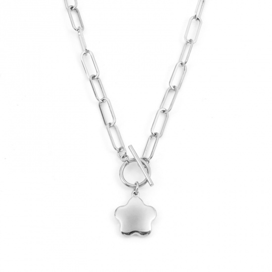 Picture of 304 Stainless Steel Stylish Paperclip Chain Necklace Silver Tone Flower 50cm(19 5/8") long, 1 Piece