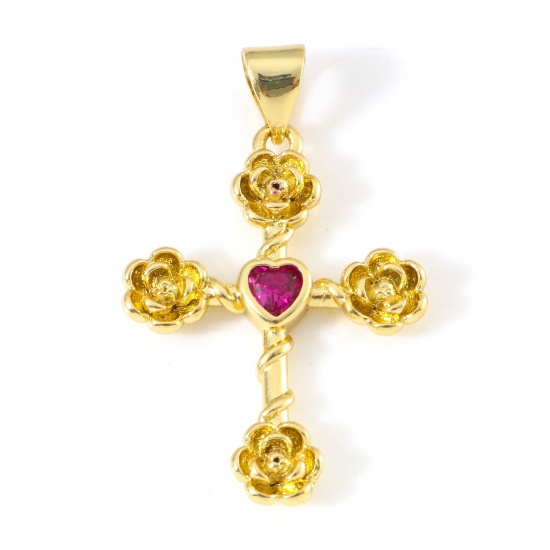 Imagen de Latón Religión Colgantes Cruz 18K Oro Real Chapado Flor Rojo Ciruela Circón Artificial 3cm x 1.9cm, 1 Unidad