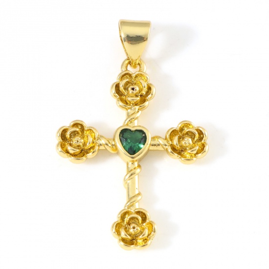 Imagen de Latón Religión Colgantes Cruz 18K Oro Real Chapado Flor Verde Circón Artificial 3cm x 1.9cm, 1 Unidad