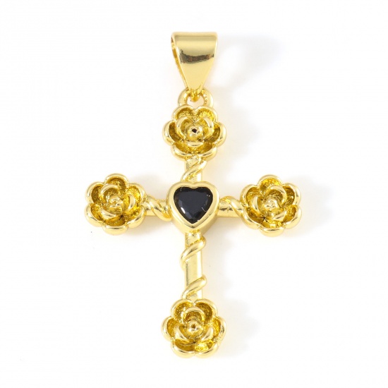 Imagen de Latón Religión Colgantes Cruz 18K Oro Real Chapado Flor Negro Circón Artificial 3cm x 1.9cm, 1 Unidad