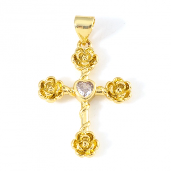 Imagen de Latón Religión Colgantes Cruz 18K Oro Real Chapado Flor Claro Circón Artificial 3cm x 1.9cm, 1 Unidad