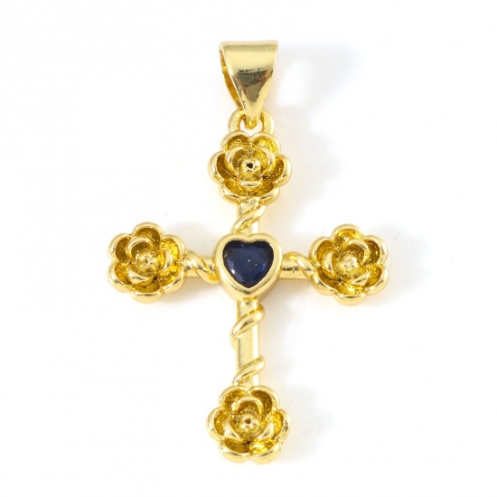Imagen de Latón Religión Colgantes Cruz 18K Oro Real Chapado Flor Azul Oscuro Circón Artificial 3cm x 1.9cm, 1 Unidad