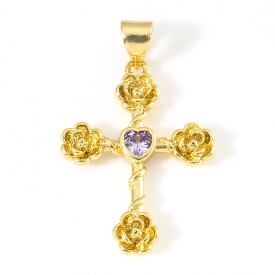 Imagen de Latón Religión Colgantes Cruz 18K Oro Real Chapado Flor Púrpura Claro Circón Artificial 3cm x 1.9cm, 1 Unidad