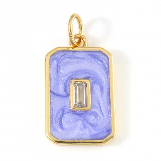 Picture of Brass Geometry Series Charms 18K Real Gold Plated Purple Octagon Enamel Clear Cubic Zirconia 22mm x 10mm, 1 Piece