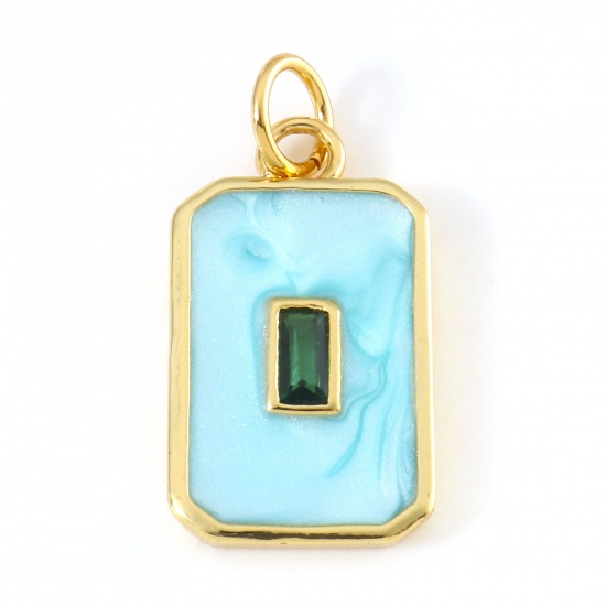 Picture of Brass Geometry Series Charms 18K Real Gold Plated Mint Green Octagon Enamel Dark Green Cubic Zirconia 22mm x 10mm, 1 Piece